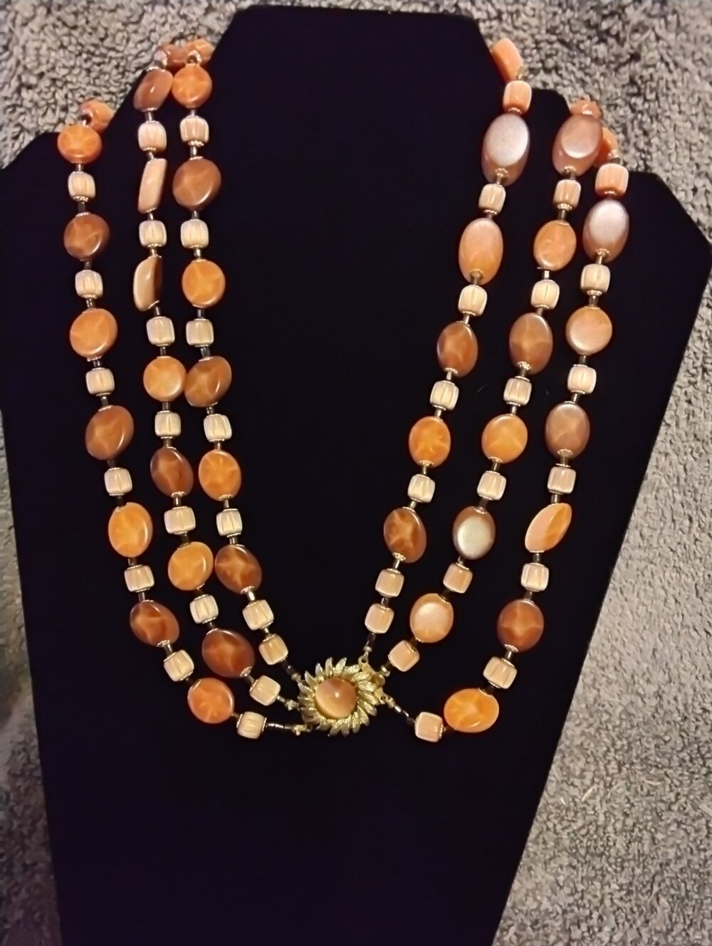 Vintage Multi-Strand Tigers Eye  Bead Necklace with  Mid Century Sunburst Clasp